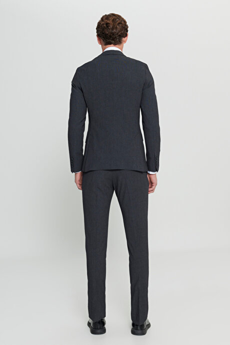 Slim Fit Dar Kesim Kırlangıç Yaka Ekose Gofre Desenli Kapak Cepli Esnek Kruvaze Antrasit Takım Elbise resmi