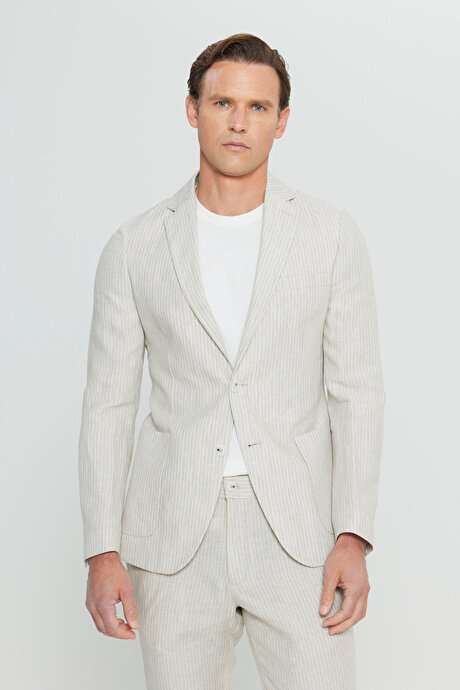 %100 Keten Slim Fit Dar Kesim Mono Yaka Diagonal Desenli Torba Cepli Bej Takım Elbise resmi