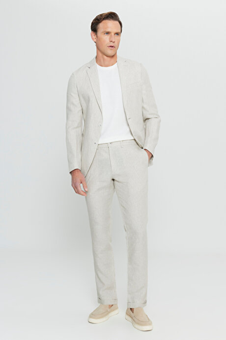 %100 Keten Slim Fit Dar Kesim Mono Yaka Diagonal Desenli Torba Cepli Bej Takım Elbise resmi