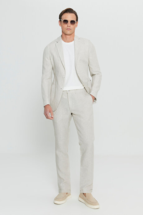 %100 Keten Slim Fit Dar Kesim Mono Yaka Diagonal Desenli Torba Cepli Bej Takım Elbise resmi