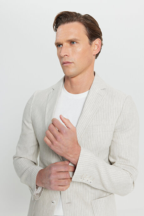 %100 Keten Slim Fit Dar Kesim Mono Yaka Diagonal Desenli Torba Cepli Bej Takım Elbise resmi