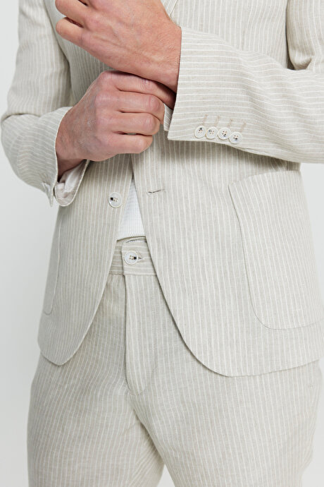 %100 Keten Slim Fit Dar Kesim Mono Yaka Diagonal Desenli Torba Cepli Bej Takım Elbise resmi