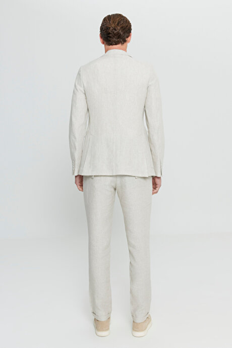 %100 Keten Slim Fit Dar Kesim Mono Yaka Diagonal Desenli Torba Cepli Bej Takım Elbise resmi