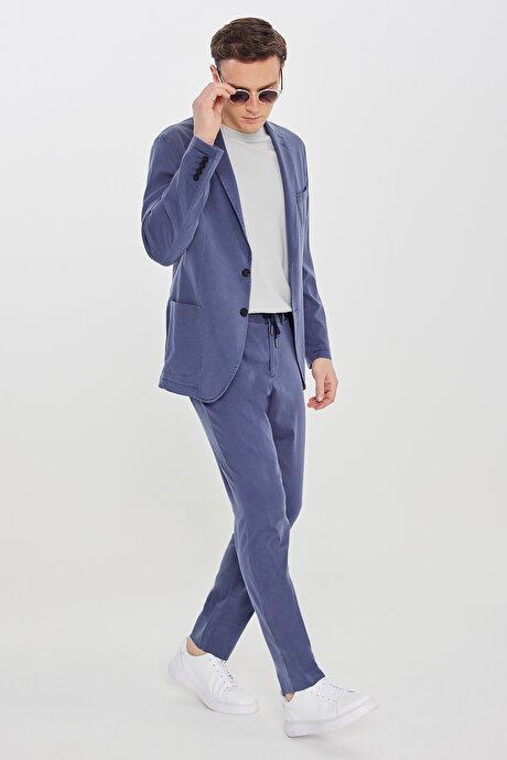 Slim Fit Mono Yaka Beli Bağlamalı Torba Cepli Esnek Mavi Takım Elbise resmi