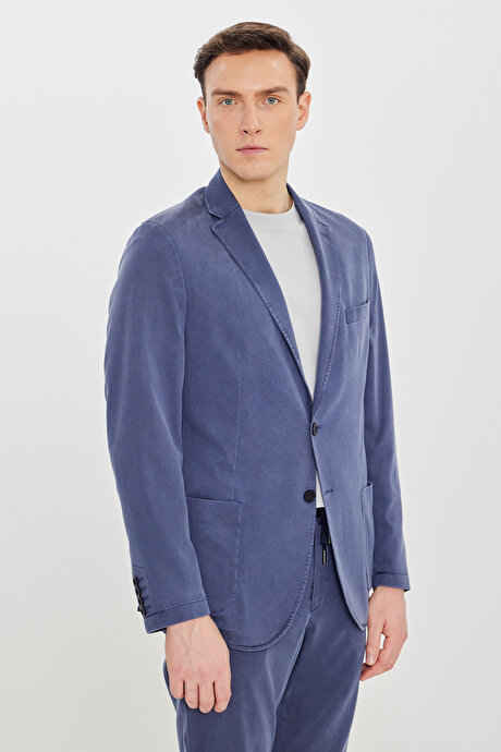 Slim Fit Mono Yaka Beli Bağlamalı Torba Cepli Esnek Mavi Takım Elbise resmi