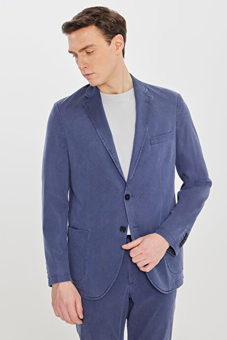 Slim Fit Mono Yaka Beli Bağlamalı Torba Cepli Esnek Mavi Takım Elbise resmi