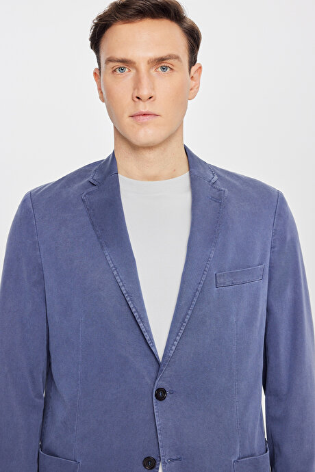 Slim Fit Mono Yaka Beli Bağlamalı Torba Cepli Esnek Mavi Takım Elbise resmi