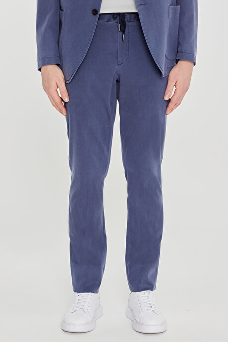 Slim Fit Mono Yaka Beli Bağlamalı Torba Cepli Esnek Mavi Takım Elbise resmi