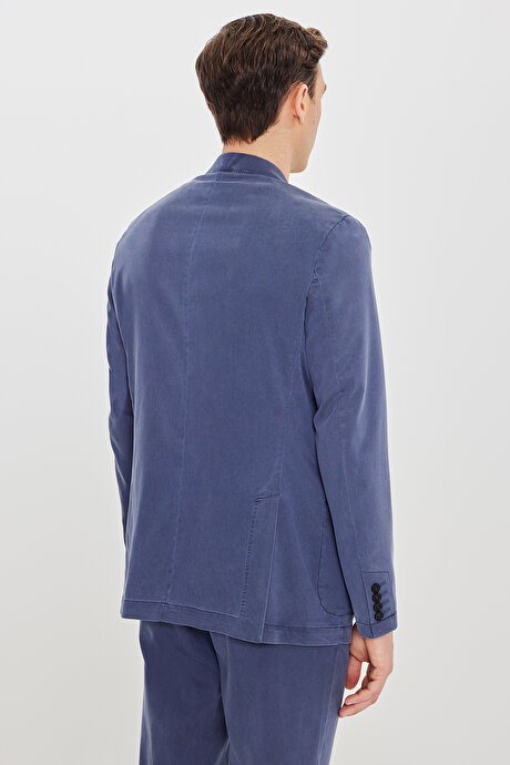 Slim Fit Mono Yaka Beli Bağlamalı Torba Cepli Esnek Mavi Takım Elbise resmi