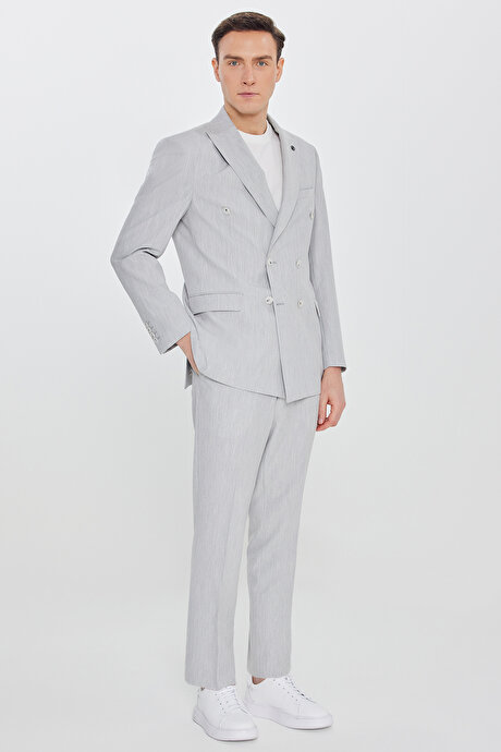 Slim Fit Kırlangıç Yaka Kapak Cepli Kruvaze Gri Takım Elbise resmi