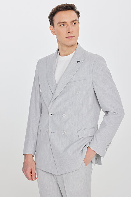 Slim Fit Kırlangıç Yaka Kapak Cepli Kruvaze Gri Takım Elbise resmi