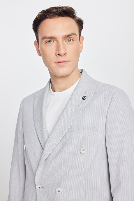 Slim Fit Kırlangıç Yaka Kapak Cepli Kruvaze Gri Takım Elbise resmi