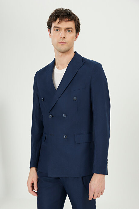 Keten Slim Fit Kırlangıç Yaka Beli Bağlamalı Kruvaze Lacivert Takım Elbise resmi