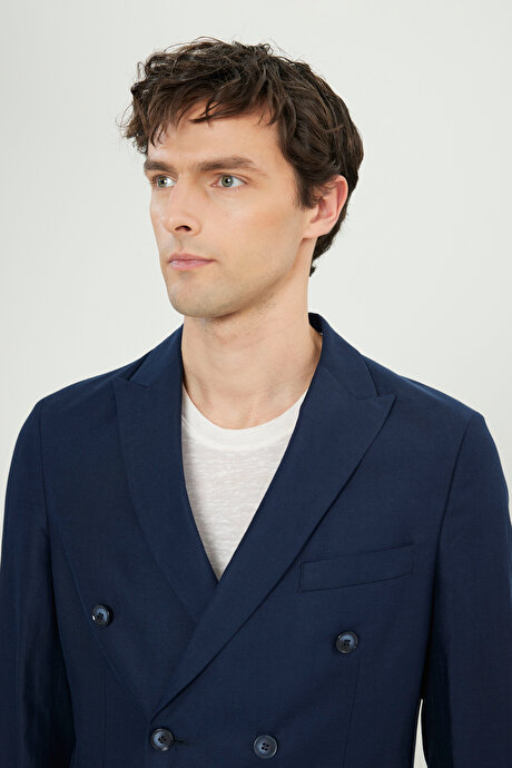 Keten Slim Fit Kırlangıç Yaka Beli Bağlamalı Kruvaze Lacivert Takım Elbise resmi