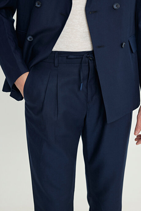 Keten Slim Fit Kırlangıç Yaka Beli Bağlamalı Kruvaze Lacivert Takım Elbise resmi