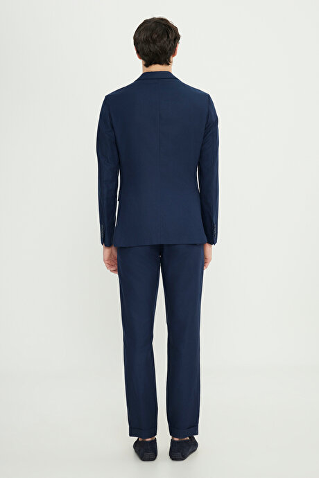 Keten Slim Fit Kırlangıç Yaka Beli Bağlamalı Kruvaze Lacivert Takım Elbise resmi