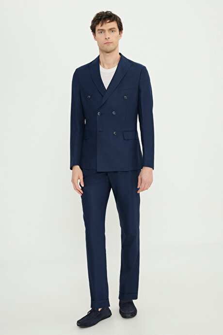 Keten Slim Fit Dar Kesim Kırlangıç Yaka Kapak Cepli Beli Bağlamalı Kruvaze Lacivert Takım Elbise resmi