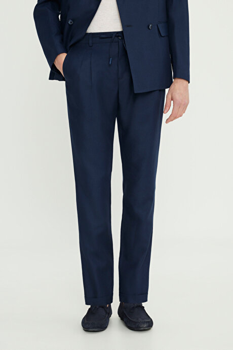 Keten Slim Fit Dar Kesim Kırlangıç Yaka Kapak Cepli Beli Bağlamalı Kruvaze Lacivert Takım Elbise resmi