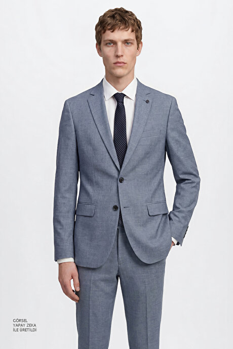 Yünlü Slim Fit Dar Kesim Kırlangıç Yaka Kapak Cepli Mavi Takım Elbise resmi