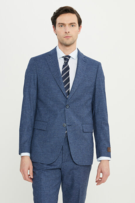 Yünlü Slim Fit Dar Kesim Mono Yaka Kapak Cepli İndigo Takım Elbise resmi