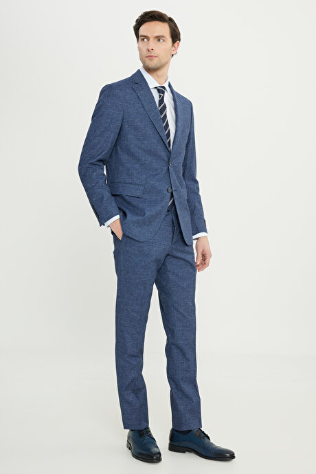 Yünlü Slim Fit Dar Kesim Mono Yaka Kapak Cepli İndigo Takım Elbise resmi