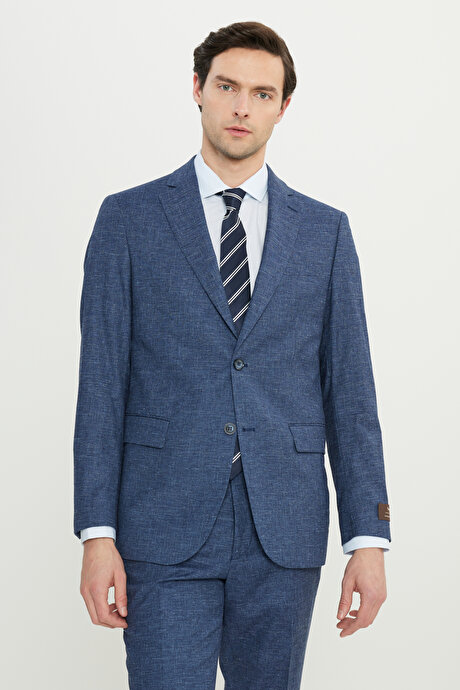 Yünlü Slim Fit Dar Kesim Mono Yaka Kapak Cepli İndigo Takım Elbise resmi