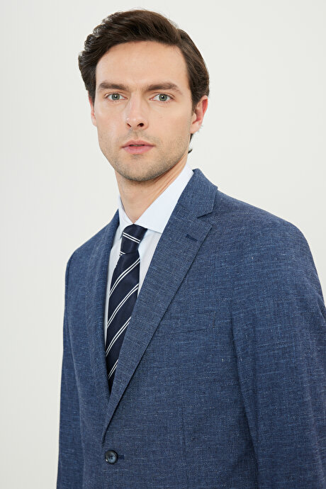 Yünlü Slim Fit Dar Kesim Mono Yaka Kapak Cepli İndigo Takım Elbise resmi