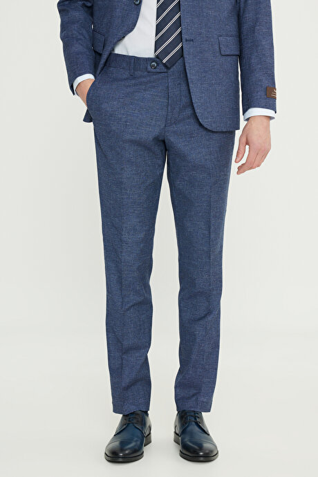 Yünlü Slim Fit Dar Kesim Mono Yaka Kapak Cepli İndigo Takım Elbise resmi