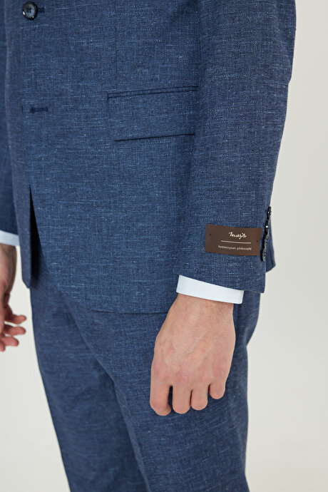 Yünlü Slim Fit Dar Kesim Mono Yaka Kapak Cepli İndigo Takım Elbise resmi