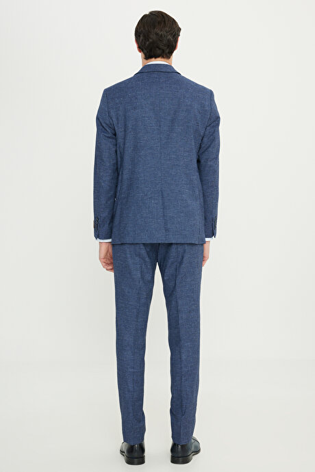Yünlü Slim Fit Dar Kesim Mono Yaka Kapak Cepli İndigo Takım Elbise resmi