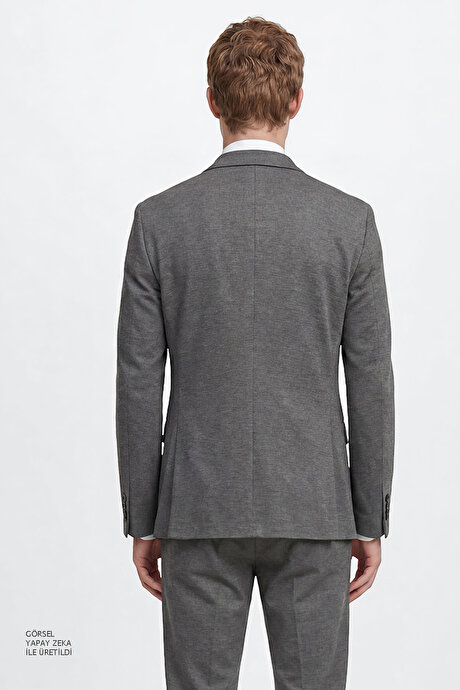 360 Her Yöne Esneyen Slim Fit Mono Yaka Beli Bağlamalı Gri Melanj Takım Elbise resmi