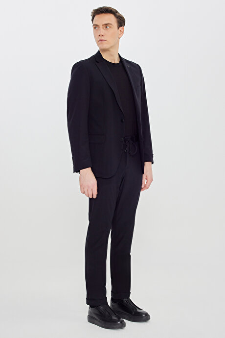 360 Her Yöne Esneyen Slim Fit Mono Yaka Beli Bağlamalı Siyah Takım Elbise resmi