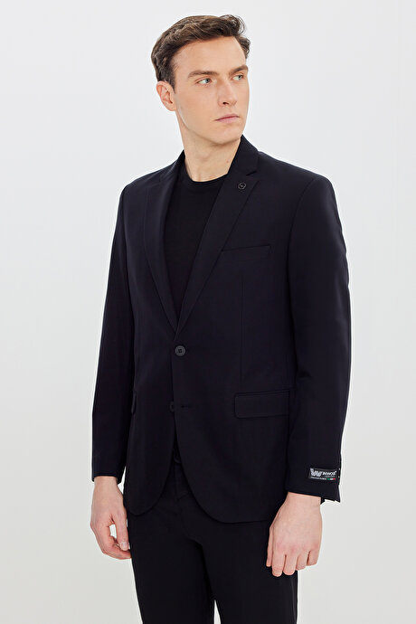 360 Her Yöne Esneyen Slim Fit Mono Yaka Beli Bağlamalı Siyah Takım Elbise resmi