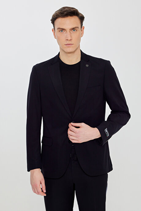 360 Her Yöne Esneyen Slim Fit Mono Yaka Beli Bağlamalı Siyah Takım Elbise resmi