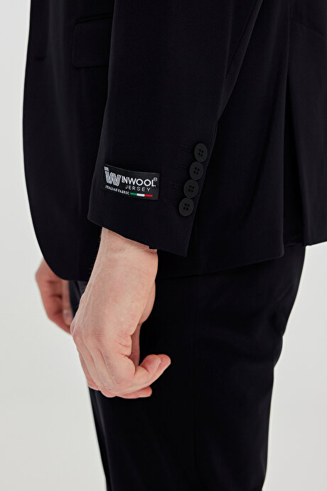 360 Her Yöne Esneyen Slim Fit Mono Yaka Beli Bağlamalı Siyah Takım Elbise resmi