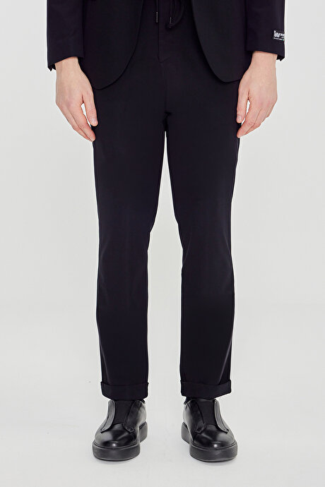 360 Her Yöne Esneyen Slim Fit Mono Yaka Beli Bağlamalı Siyah Takım Elbise resmi