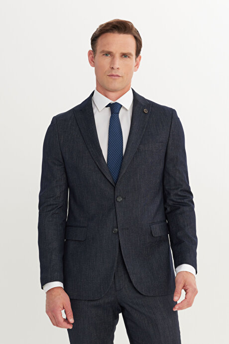 Slim Fit Dar Kesim Kırlangıç Yaka Desenli Torba Cepli Lacivert Takım Elbise resmi