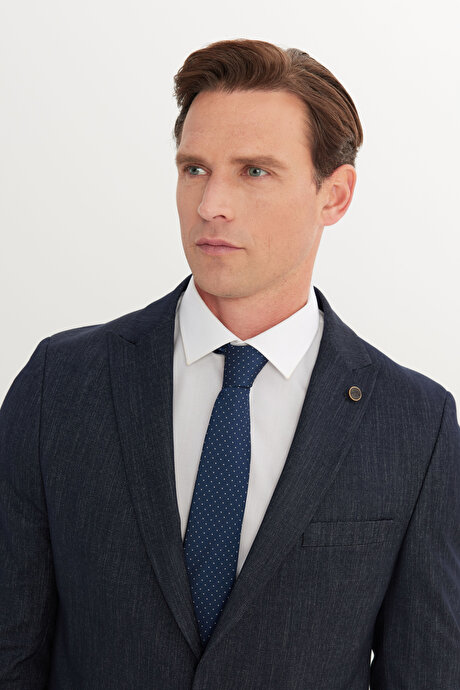 Slim Fit Dar Kesim Kırlangıç Yaka Desenli Torba Cepli Lacivert Takım Elbise resmi