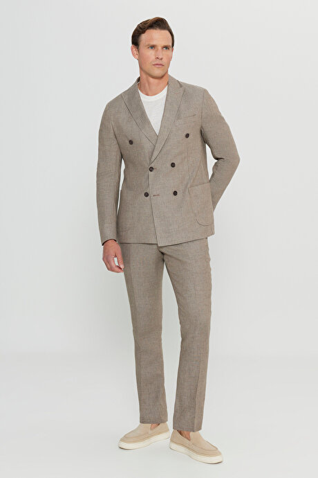 Yünlü Slim Fit Dar Kesim Kırlangıç Yaka Desenli Torba Cepli Kruvaze Vizon Takım Elbise resmi