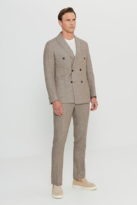 Yünlü Slim Fit Dar Kesim Kırlangıç Yaka Desenli Torba Cepli Kruvaze Vizon Takım Elbise resmi