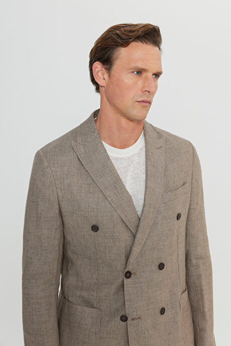 Yünlü Slim Fit Dar Kesim Kırlangıç Yaka Desenli Torba Cepli Kruvaze Vizon Takım Elbise resmi