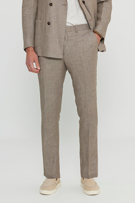 Yünlü Slim Fit Dar Kesim Kırlangıç Yaka Desenli Torba Cepli Kruvaze Vizon Takım Elbise resmi