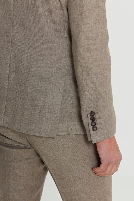 Yünlü Slim Fit Dar Kesim Kırlangıç Yaka Desenli Torba Cepli Kruvaze Vizon Takım Elbise resmi