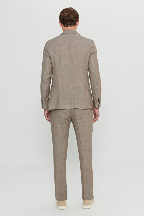 Yünlü Slim Fit Dar Kesim Kırlangıç Yaka Desenli Torba Cepli Kruvaze Vizon Takım Elbise resmi