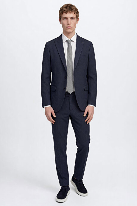 Ekstra Slim Fit Dar Kesim Kırlangıç Yaka Kapak Cepli Çizgili Gofre Desenli Esnek Lacivert Takım Elbise resmi