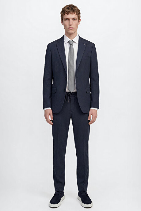 Ekstra Slim Fit Dar Kesim Kırlangıç Yaka Kapak Cepli Çizgili Gofre Desenli Esnek Lacivert Takım Elbise resmi