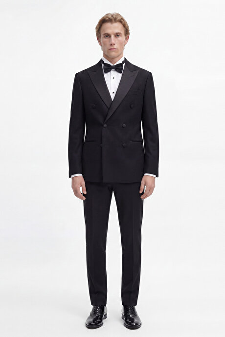 Keten Slim Fit Dar Kesim Kırlangıç Yaka Çift Fleto Cepli Kruvaze Lacivert Smokin Takım resmi