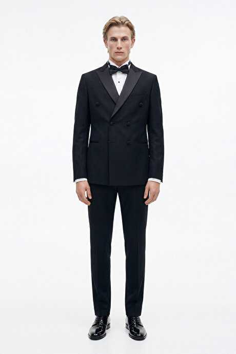 Keten Slim Fit Dar Kesim Kırlangıç Yaka Çift Fleto Cepli Kruvaze Lacivert Smokin Takım resmi