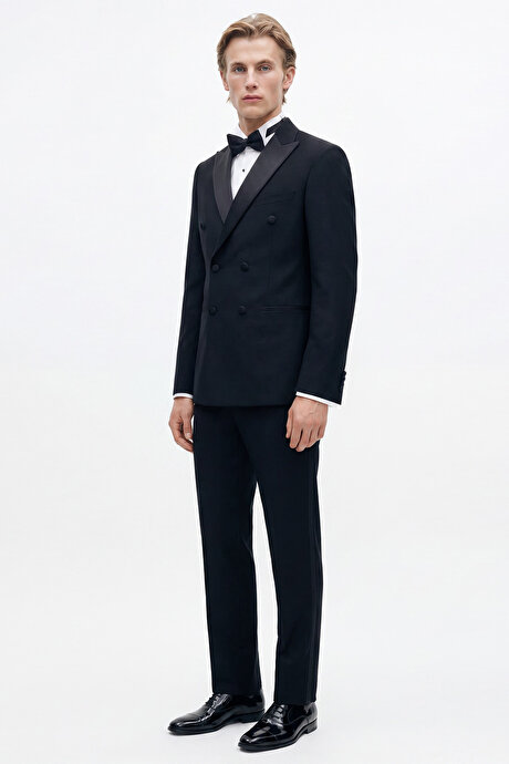 Keten Slim Fit Dar Kesim Kırlangıç Yaka Çift Fleto Cepli Kruvaze Lacivert Smokin Takım resmi