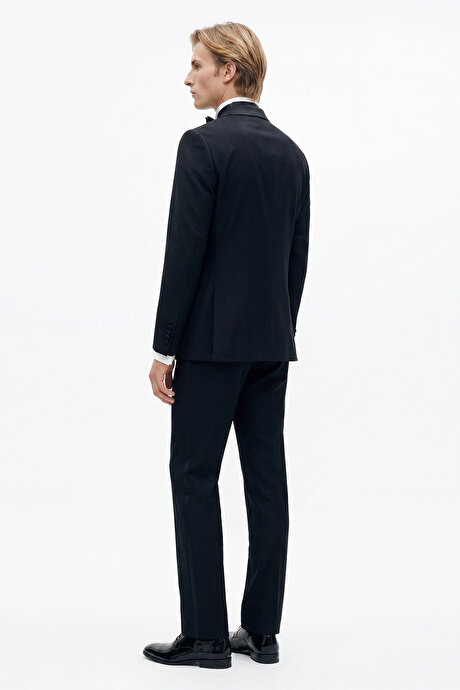 Keten Slim Fit Dar Kesim Kırlangıç Yaka Çift Fleto Cepli Kruvaze Lacivert Smokin Takım resmi